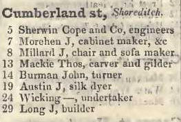 Cumberland street, Shoreditch 1842 Robsons street directory