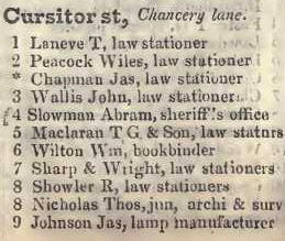 1 - 9 Cursitor street, Chancery lane 1842 Robsons street directory