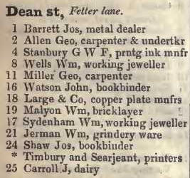 Dean street, Fetter lane 1842 Robsons street directory