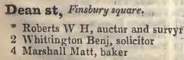 Dean street, Finsbury square 1842 Robsons street directory