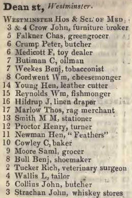 Dean street, Westminster 1842 Robsons street directory