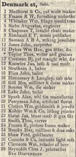 Denmark street, Soho 1842 Robsons street directory