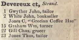 Devereux court, Strand 1842 Robsons street directory