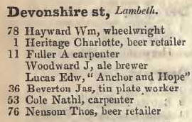 Devonshire street, Lambeth 1842 Robsons street directory