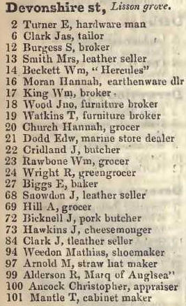 Devonshire street, Lisson grove 1842 Robsons street directory