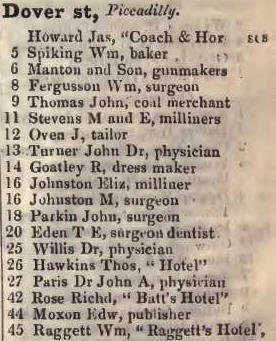 Dover street, Piccadilly 1842 Robsons street directory