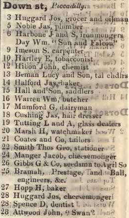 Down street, Piccadilly 1842 Robsons street directory