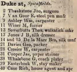 Duke street, Spitalfields 1842 Robsons street directory