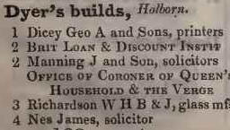 1 - 4 Dyers buildings, Holborn 1842 Robsons street directory