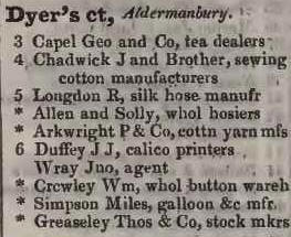 Dyers court, Aldermanbury 1842 Robsons street directory