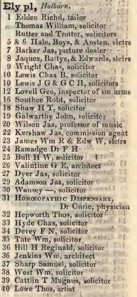 Ely place, Holborn 1842 Robsons street directory