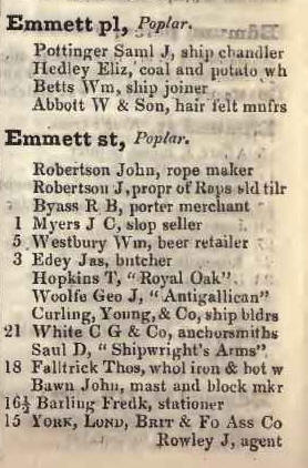 Emmett street, Poplar 1842 Robsons street directory