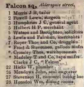 Falcon square, Aldersgate street 1842 Robsons street directory