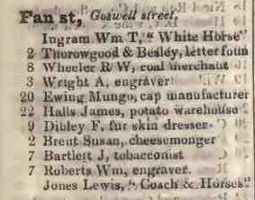Fan street, Goswell street 1842 Robsons street directory