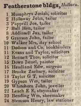 Featherstone buildings, Holborn 1842 Robsons street directory