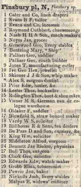 Finsbury place North, Finsbury square 1842 Robsons street directory
