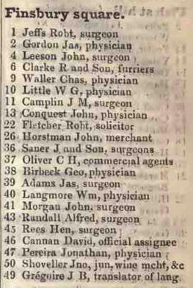Finsbury square 1842 Robsons street directory