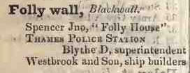 Folly Wall, Blackwall 1842 Robsons street directory