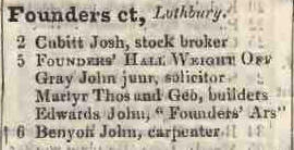 Founders court, Lothbury 1842 Robsons street directory