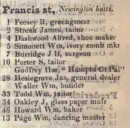 Francis street, Newington butts 1842 Robsons street directory