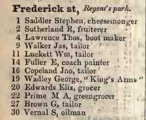 Frederick street, Regents Park 1842 Robsons street directory