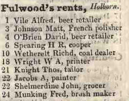 Fulwoods rents, Holborn 1842 Robsons street directory