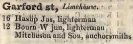 Garford street, Limehouse 1842 Robsons street directory