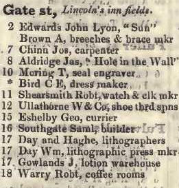 Gate street, Lincolns Inn fields 1842 Robsons street directory