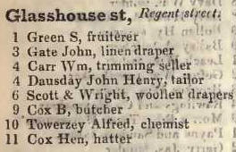 Glasshouse street, Regent street 1842 Robsons street directory