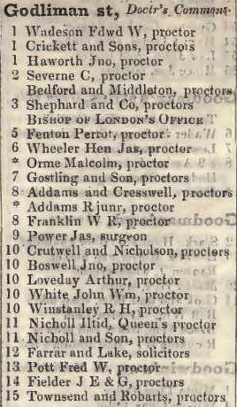 Godliman street, Doctors commons 1842 Robsons street directory