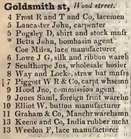 Goldsmith street, Wood street 1842 Robsons street directory