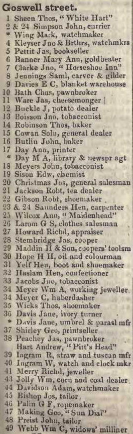 1 - 49 Goswell street 1842 Robsons street directory