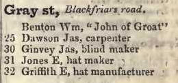 Gray street, Blackfriars road 1842 Robsons street directory