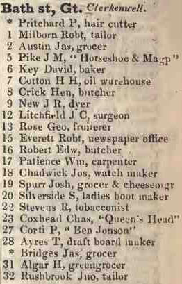 Great Bath street, Clerkenwell 1842 Robsons street directory