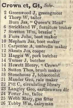 Great Crown court, Soho 1842 Robsons street directory