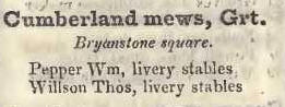 Great Cumberland mews. Bryanston square 1842 Robsons street directory