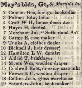 Great Mays buildings, St Martins lane 1842 Robsons street directory