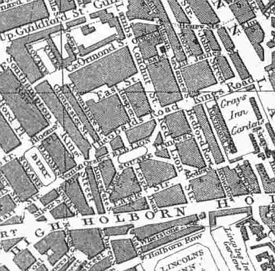 Great Ormond street, Queen square map in 1852