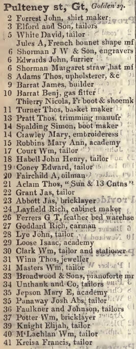 Great Pulteney street, Golden square 1842 Robsons street directory