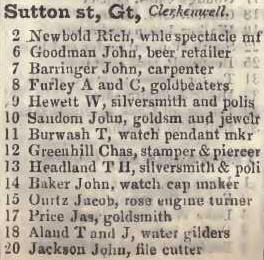 2 - 20 Great Sutton street, Clerkenwell 1842 Robsons street directory