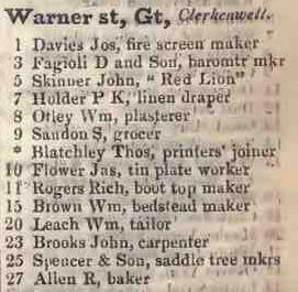 Great Warner street, Clerkenwell 1842 Robsons street directory