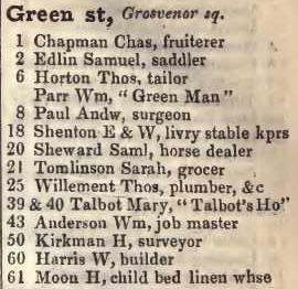 Green street, Grosvenor square 1842 Robsons street directory