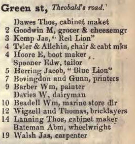 Green street, Theobalds road 1842 Robsons street directory