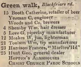 Green walk, Blackfriars road 1842 Robsons street directory