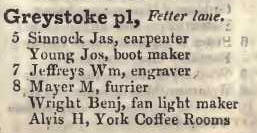 Greystock place, Fetter lane 1842 Robsons street directory