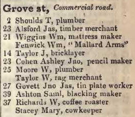 Grove street, Commercial road 1842 Robsons street directory