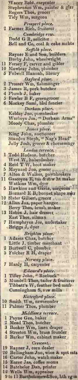 Prospect place to Crescent, Hackney road 1842 Robsons street directory