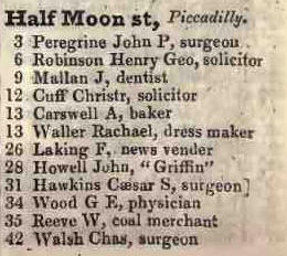 3 - 42 Half Moon street, Piccadilly 1842 Robsons street directory