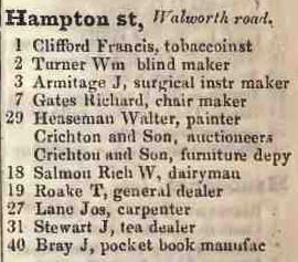 Hampton street, Walworth road 1842 Robsons street directory