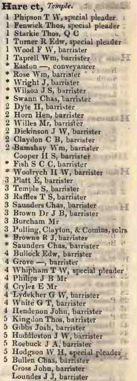 Hare court, Temple 1842 Robsons street directory